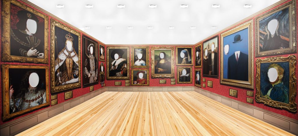 Portrait gallery, face in hole, classic portraits, paintings, games for hire